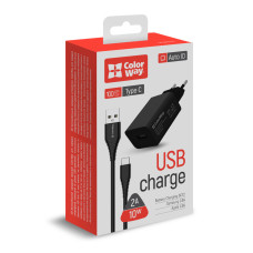 AC charger 1xUSB AUTO ID 2.0A (10W) black + Type-C cable, 1m (CW-CHS012CC-BK)