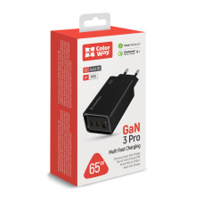 AC Charger ColorWay GaN3 Pro Power Delivery (USB-A + 2 USB TYPE-C), 65W, Black, (CW-CHS039PD-BK)