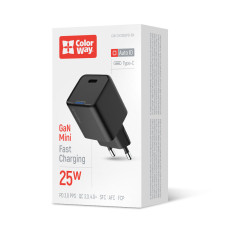 AC Charger ColorWay GaN Mini 25W PD Port, PPS, USB-C, Black (CW-CHS052PD-BK)