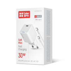 AC Charger ColorWay GaN Mini 30W PD Port PPS USB-C White + Type-C Cable (CW-CHS054PDC-WT)
