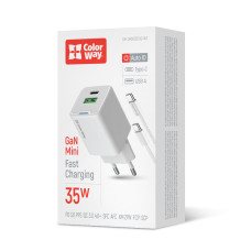 AC Charger ColorWay GaN Mini 35W PD Port PPS USB (Type-C PD + USB QC4.0) white, Type-C cable (CW-CHS055PDC-WT)