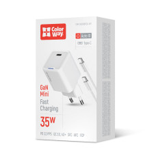 AC Charger ColorWay GaN Mini 35W PD Port PPS USB-C White, Type-C Cable (CW-CHS056PDC-WT)