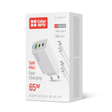 AC Charger ColorWay GaN Mini 65W PD Port PPS USB (USB-2C1A) Cables Type-C & Lightning (CW-CHS058PDCL-WT)